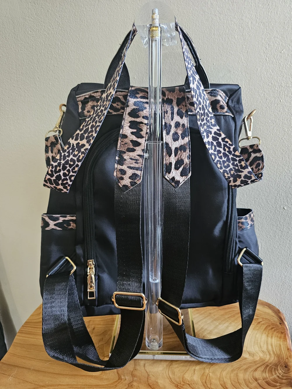 Leopard Accent Black Women's Backpack Bag NWOT